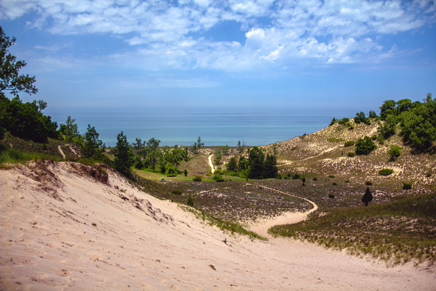 View of Lake Michigan over the dunes at Indiana Dunes National Park.